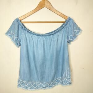 Bella Dahl Chambray Embroidered Shirt Off Shoulder Fringe